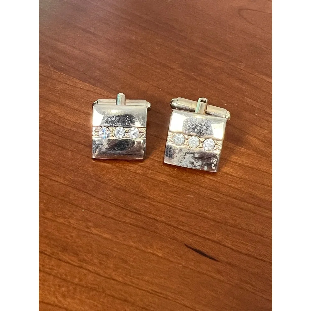 Vintage Silver Tone Rhinestone Cuff Links and Tie Clip Set Mens Formal Jewelry